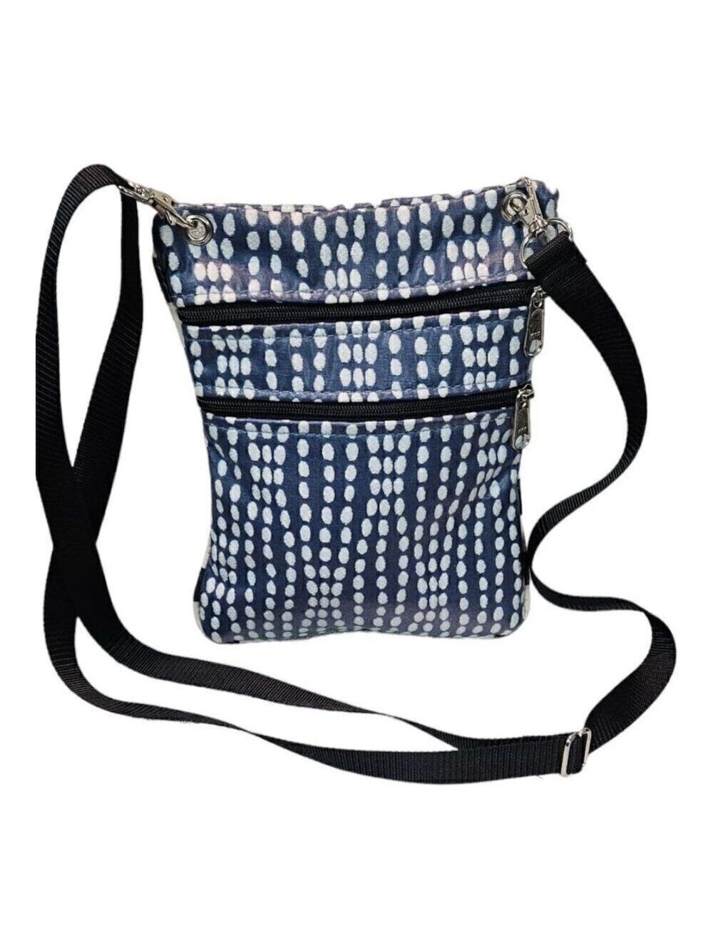 Womens Navy Blue White Wavy Dots Double Zip Bohemian Crossbody Satchel Bag - Picture 10 of 13